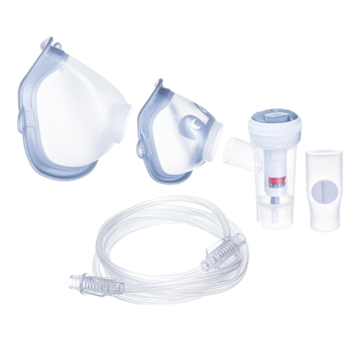 Zestaw akcesoriów inhalatora FLAEM NebulFlaem 4.0: maski, nebulizator RF9, ustnik i przewód powietrzny.
